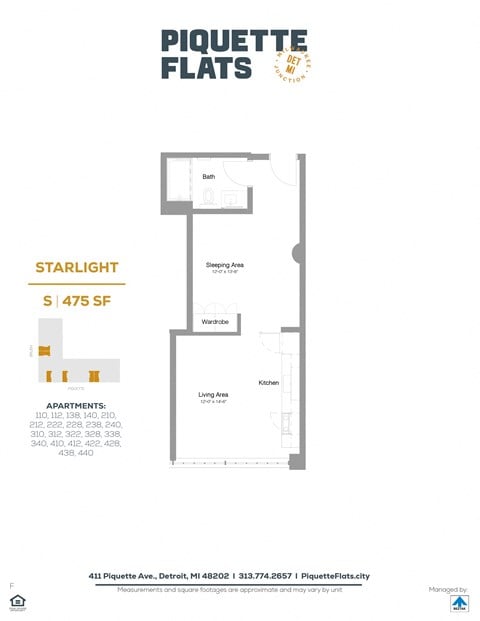 Floor plan for studio, 1 bath, 460 sqft